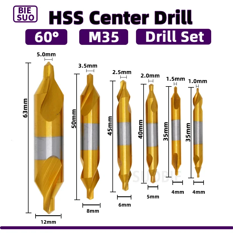 

HSS Combined Center Drills Ti-Coated 60 Degree Countersinks Angle Bit Set 6pcs 1.0-5mm Metal Centering Dril Bit Lathe W6542 M35