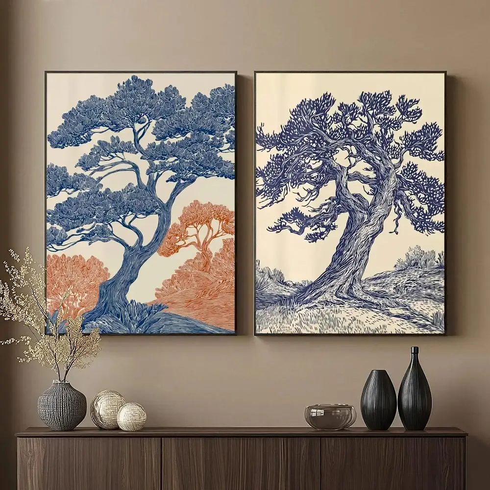 Oak Tree HD Wall Art Poster Vintage Linocut Forest Landscape Blue Woodland Botanical Art Home Decor Living Room Gift