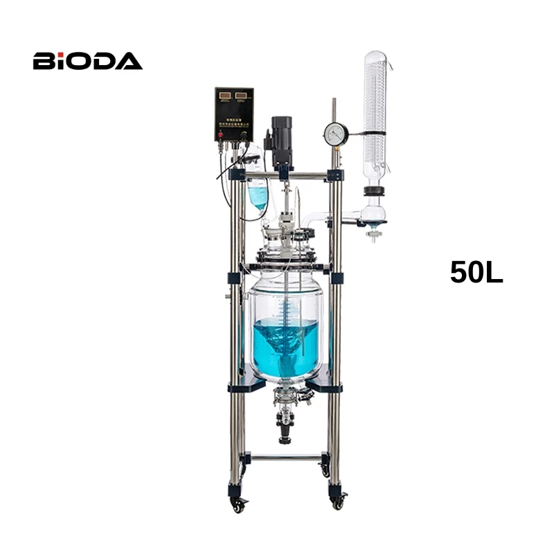 Lab Jacketed 50L GG-17 Glass Cylindrical Reactor Flask Stainless Steel Frame Engine Automatic Grade Reaction Kettle for