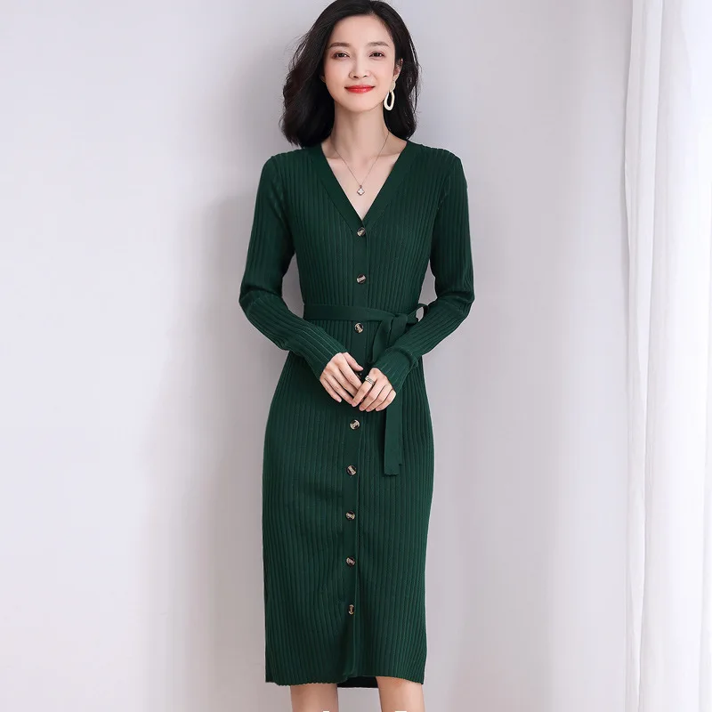 Retro-style Long Knee-length Dress Spring and Autumn New Waist Slimming Single-breasted Sweater Dress