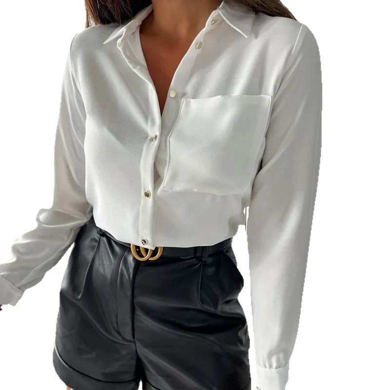 เสื้อเชิ้ตแขนยาวคอวีสีพื้นแฟชั่นอเนกประสงค์สำหรับฤดูใบไม้ผลิและฤดูร้อน เหมาะสำหรับใส่ทำงานและสวมใส่สบายๆ สำหรับผู้หญิง