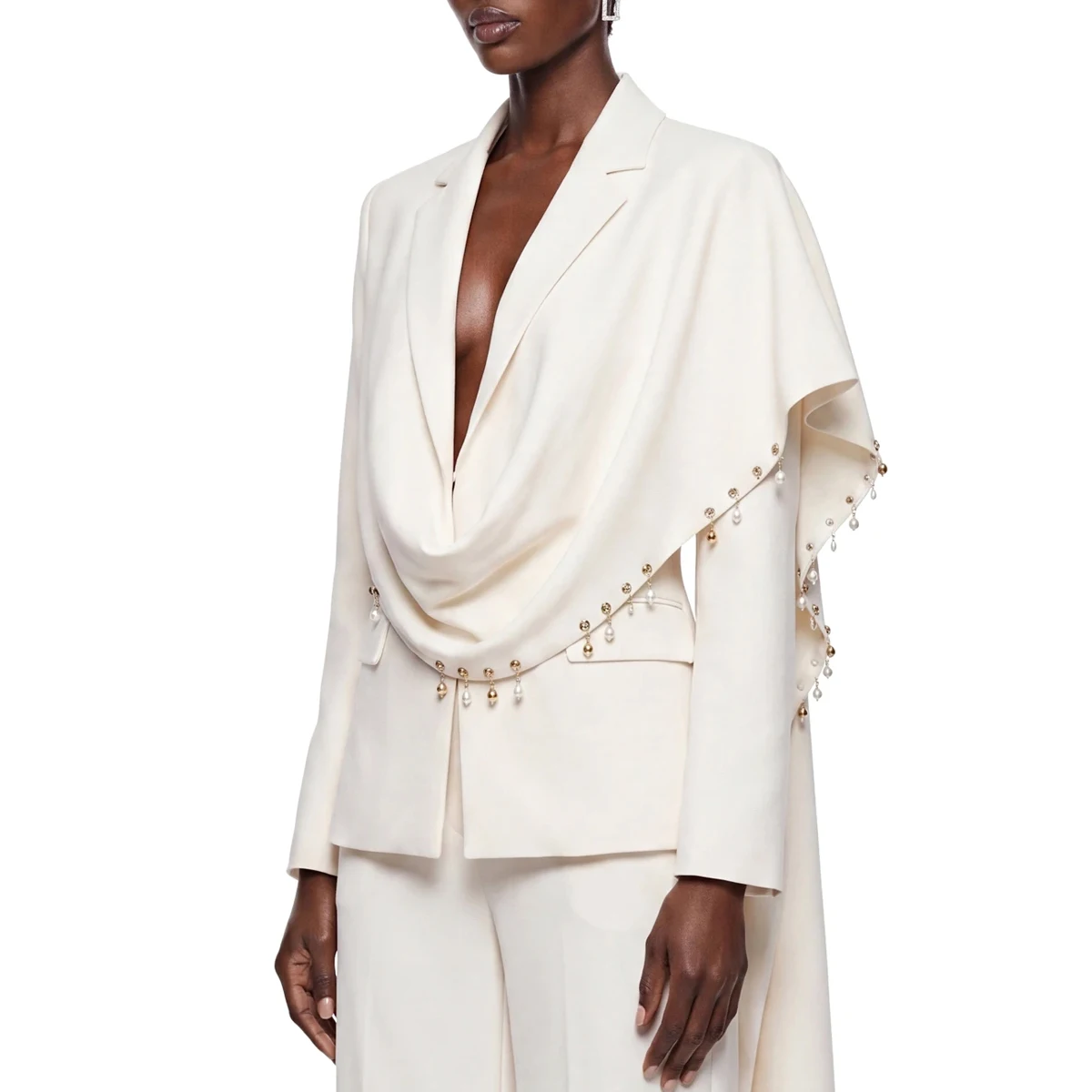 Women Blazer Draped Scarf Crystal Embellished Asymmetric Suit Jacket Notched Lapel Long Sleeve Formal Party Blazer Mujer Traf