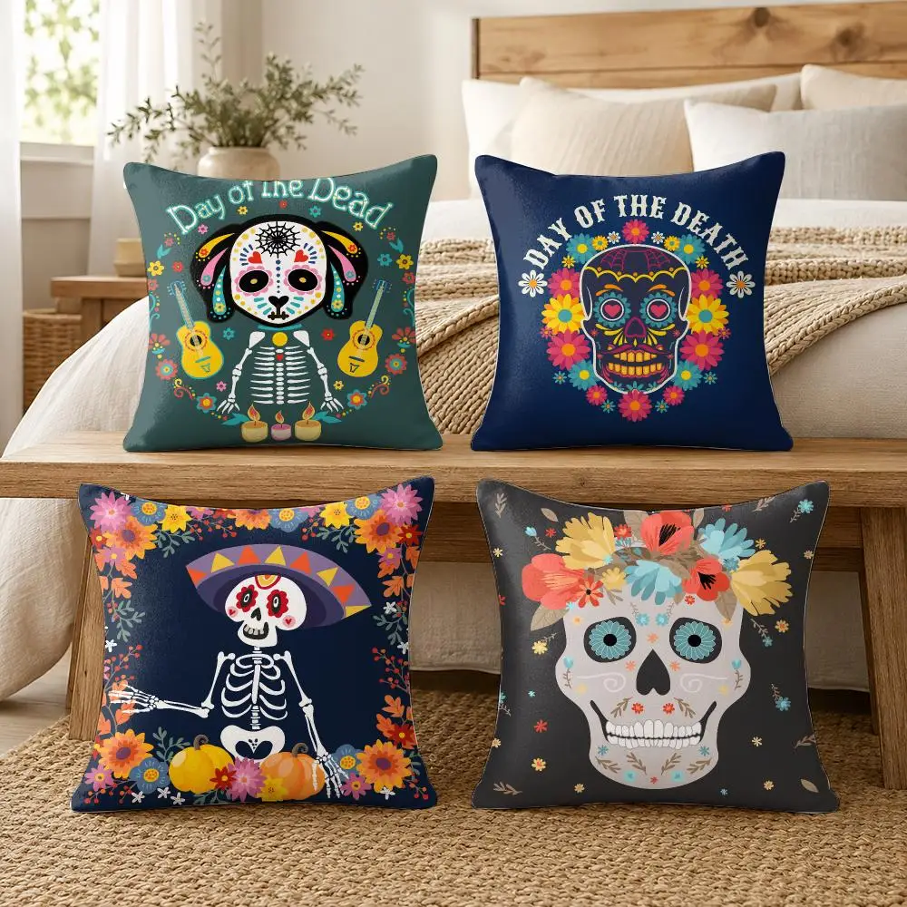 Mexico Easter Flower Skeleton Cushion Cover Soft Short Plush Pillow Cover Smooth Cozy Texture Cushion Case Home Decor