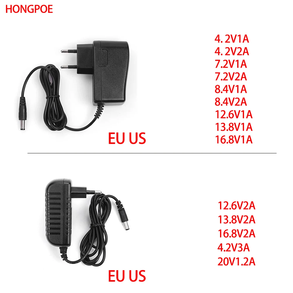 CE Lithium-ion Bat EU/US Plug DC 4.2V 7.2V 8.4V 12.6V 13.8V 16.8V 20V 1A 1.2A 2A 3A 100-240VAC for LED TV Household Backup Power