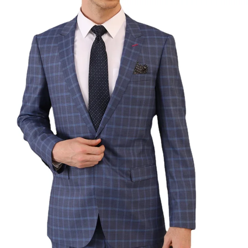 

Tailor-made High-quality Wool and Cashmere Business Office Blue Single-breasted Plaid Suit