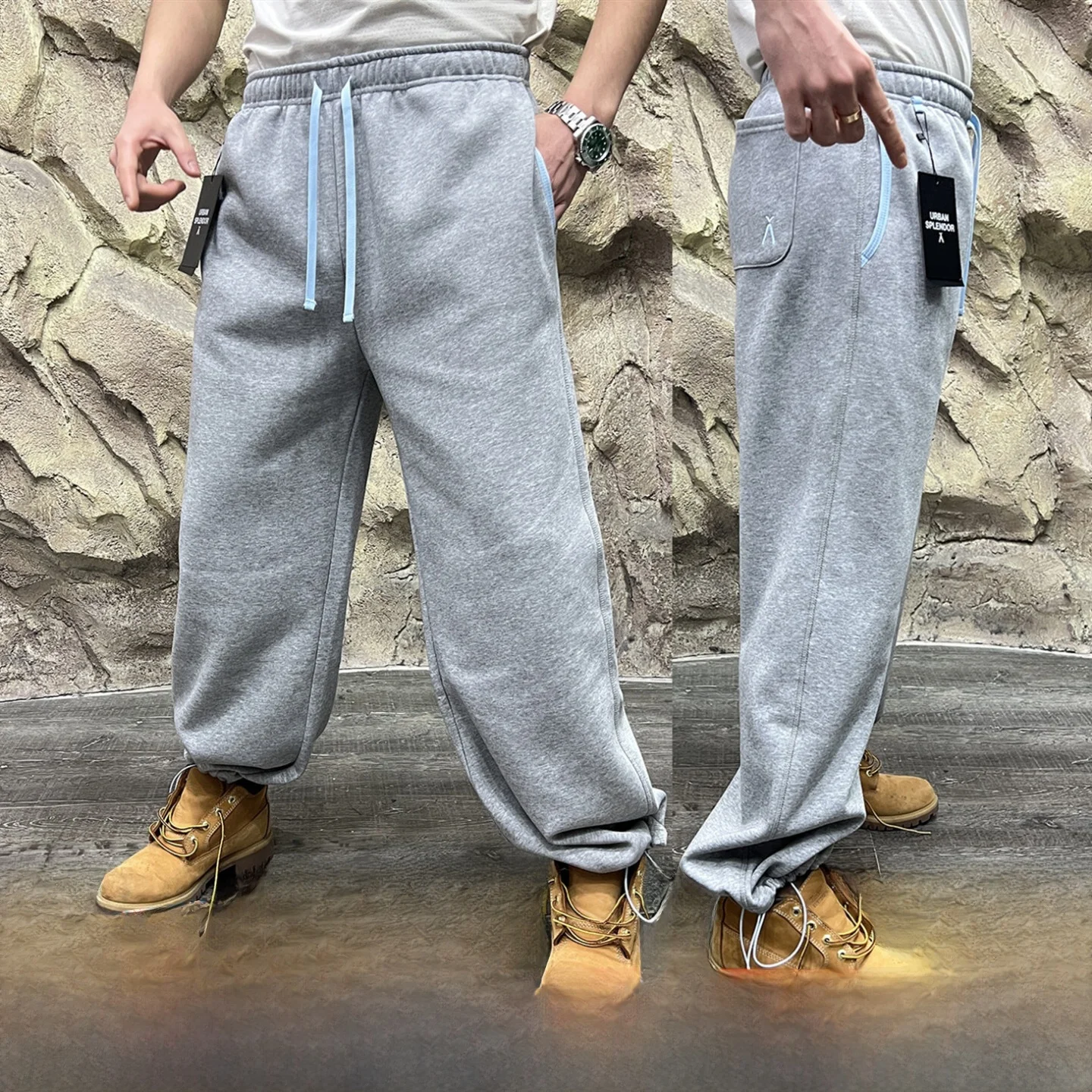 

High Waist Thiened Fce Knitted Casual Pants Men's Autumn Winter Warm Color Blo Straight Leg Sweatpants
