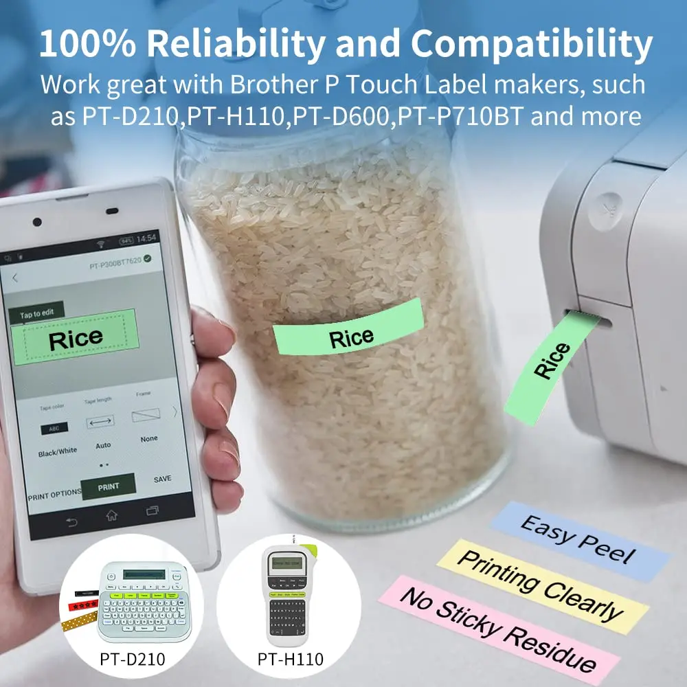 5 Pale Colors Matt Tape 9/12/18/24mm 8m Compatible for Brother P-touch Label Maker PTD600 PTP710BT PTP750W PTP900 PT2310 PT2610