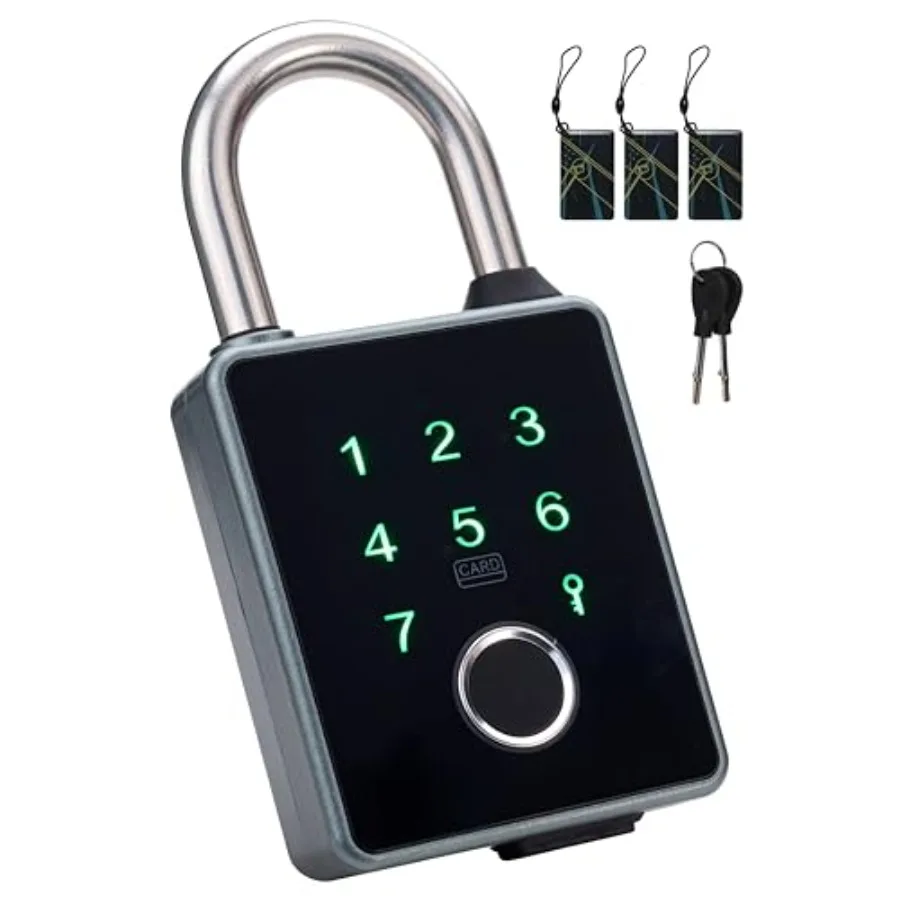 

Smart Padlock with Key, 6-in-1 Fingerprint Padlock, Digital Pad Lock with APP, IP65 Weatherproof Biometric Pad Lock, App/IC Car