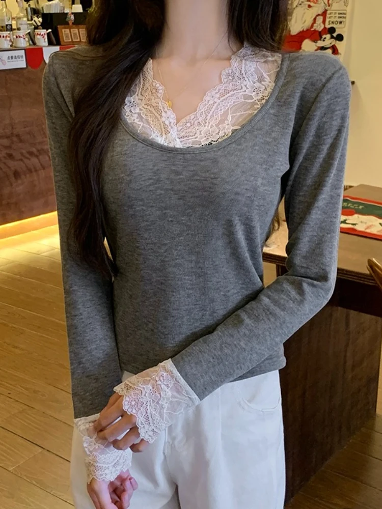 Elegant Versatile Knit Layering Women's Long Sleeve Top 2026 Autumn Winter Women T-shirt Lace Slim Base T Shirt New Arrival Tee