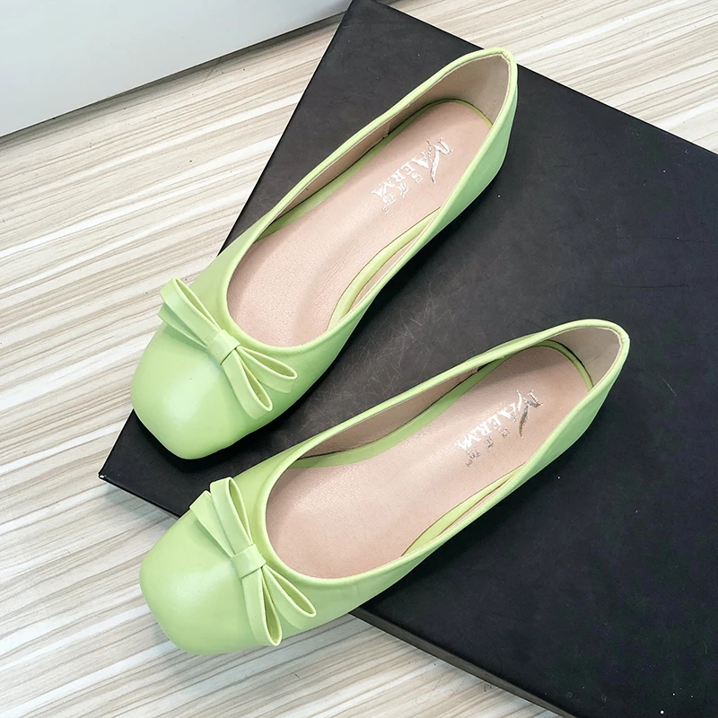 Women Flats 2022 Leather Flat Shoes Apple Green Bowknot Square Head Slip on Loafers Casual Scoop Shoes with Bow Girl's Shoes