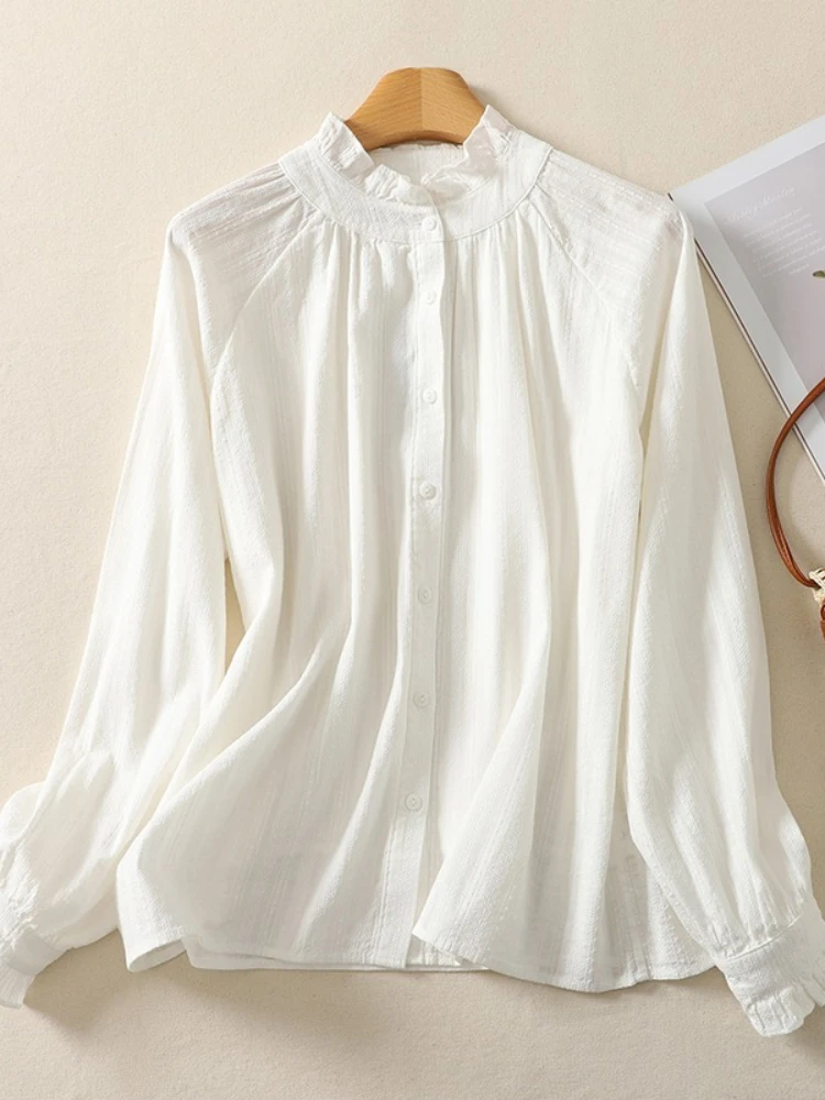 Damskie bluzki w stylu chińskim, jednolite kolory, koszule vintage, modne luźne letnie ubrania, długi rękaw, bawełniano-lniane damskie topy.