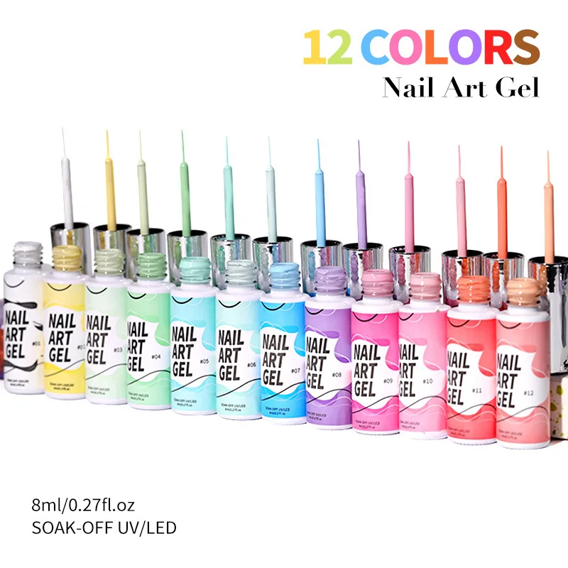 12Pcs Candy Nail Art Liner Gel Nail Polish Kit 8ml Metalen Glitter Gel Week Off UV/LED Schilderlak Tekening Nail Manicure Kunst