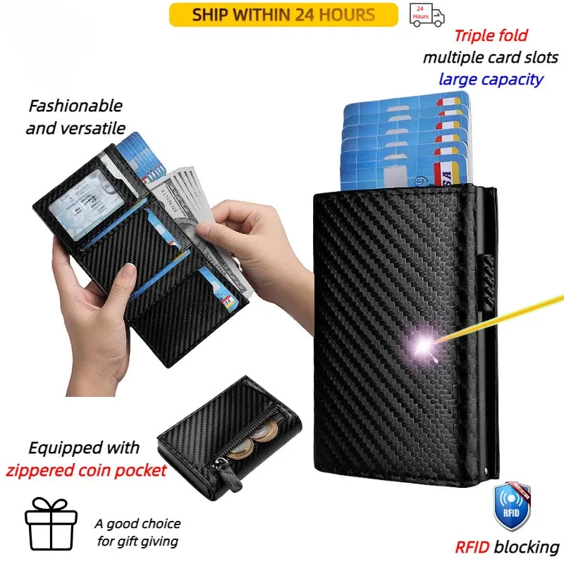 Multi Style Custom Name Men Tri-Fold Genuine Leather Card Holder Carbon Fiber Magnetic RFID Protection Wallet Alloy Wallets ﻿