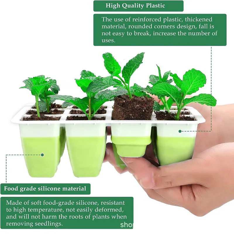 New Silicone12-cell Seedling Starter Tray Indoor Garden Greenhouse Growth Potting with Cover Adjustable Humidity Germination Box