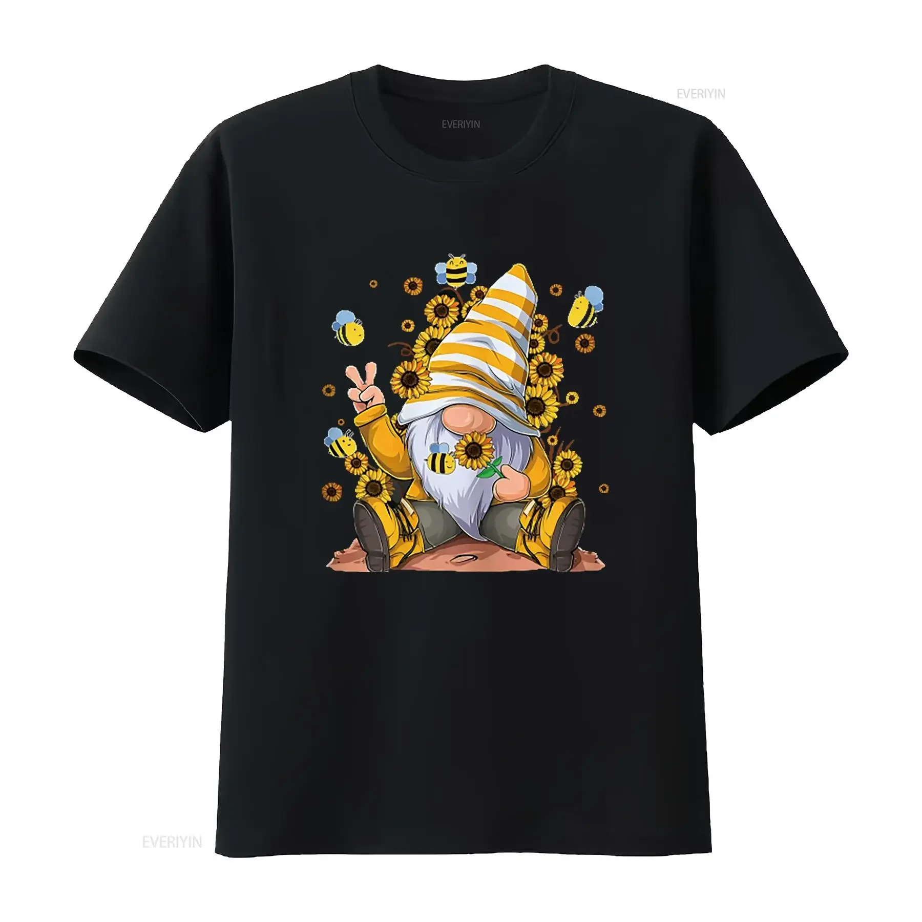 Women s T Shirt Bee Sunflower With Funny Hippie Gnome For Flower Print Casual Summer  Tops Black X Large vintage Washed