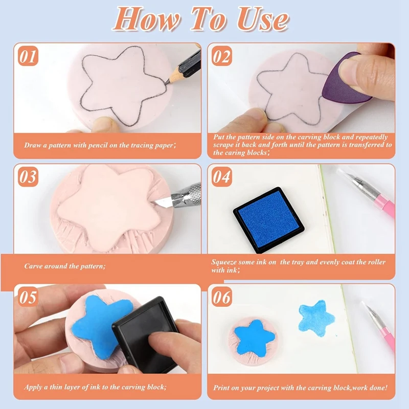บล็อกแกะสลักยางสีชมพู2X2inch 6ชิ้นเครื่องมือแกะสลักสำหรับแกะสลักการพิมพ์งานฝีมือทำจากยางนิ่มแสตมป์ทรงกลมที่ทนทาน