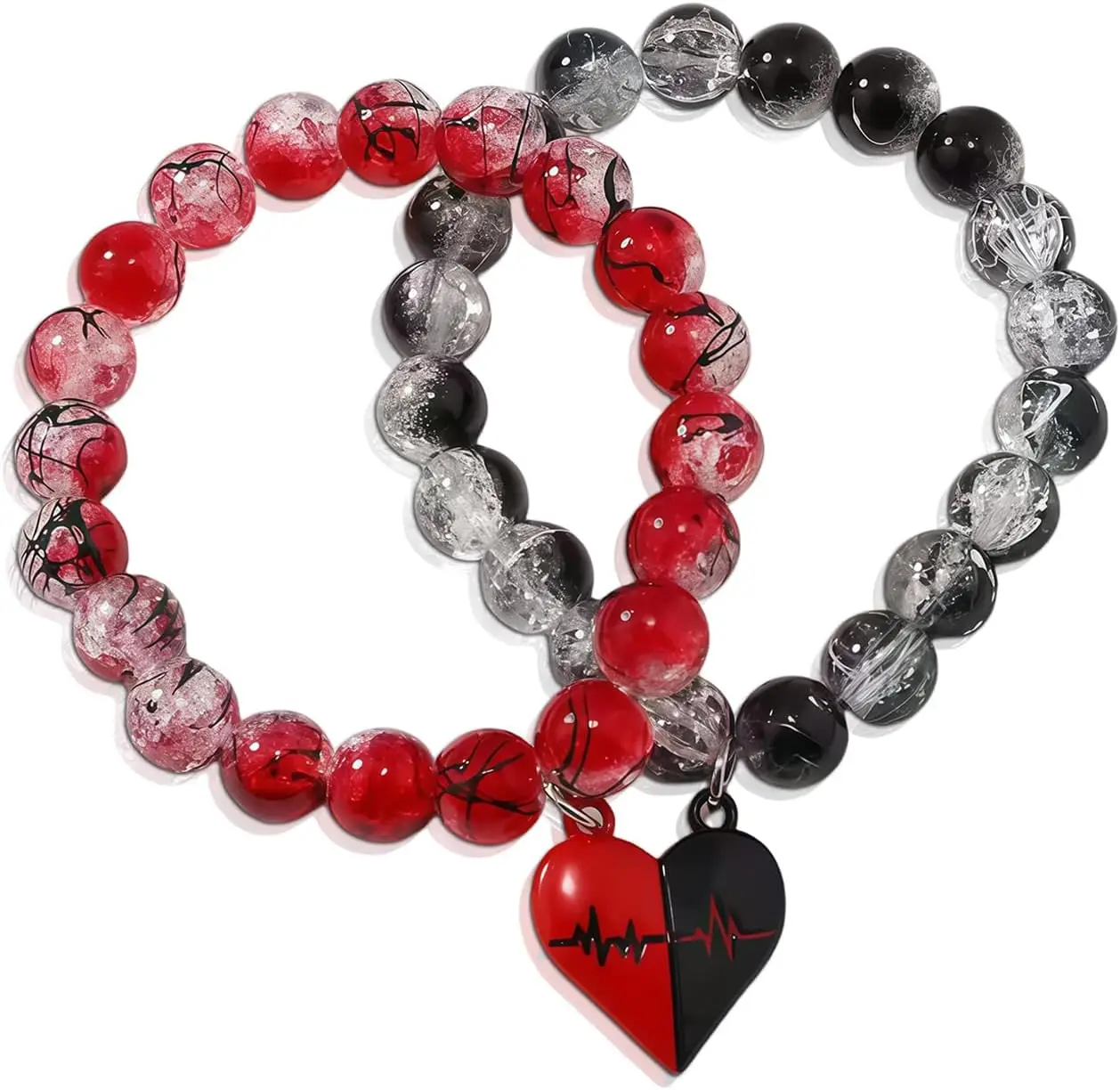 1 Set passende Herz-Armbänder für Paare, rot-schwarze Perlen, Freundschaftsschmuck für Sie und Ihn