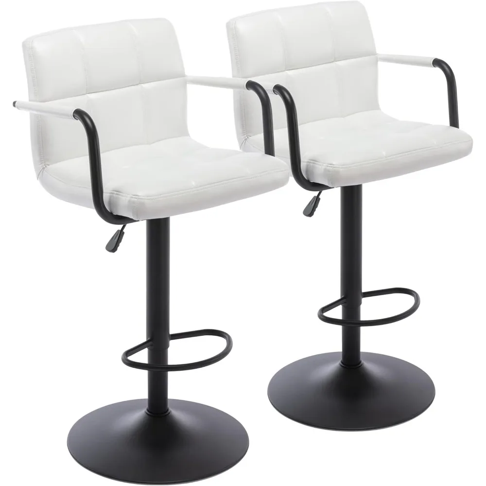 Modern PU Leather Square Bar Stools, Adjustable Swivel Barstools with Back and Arms, Airlift Counter Height Chairs