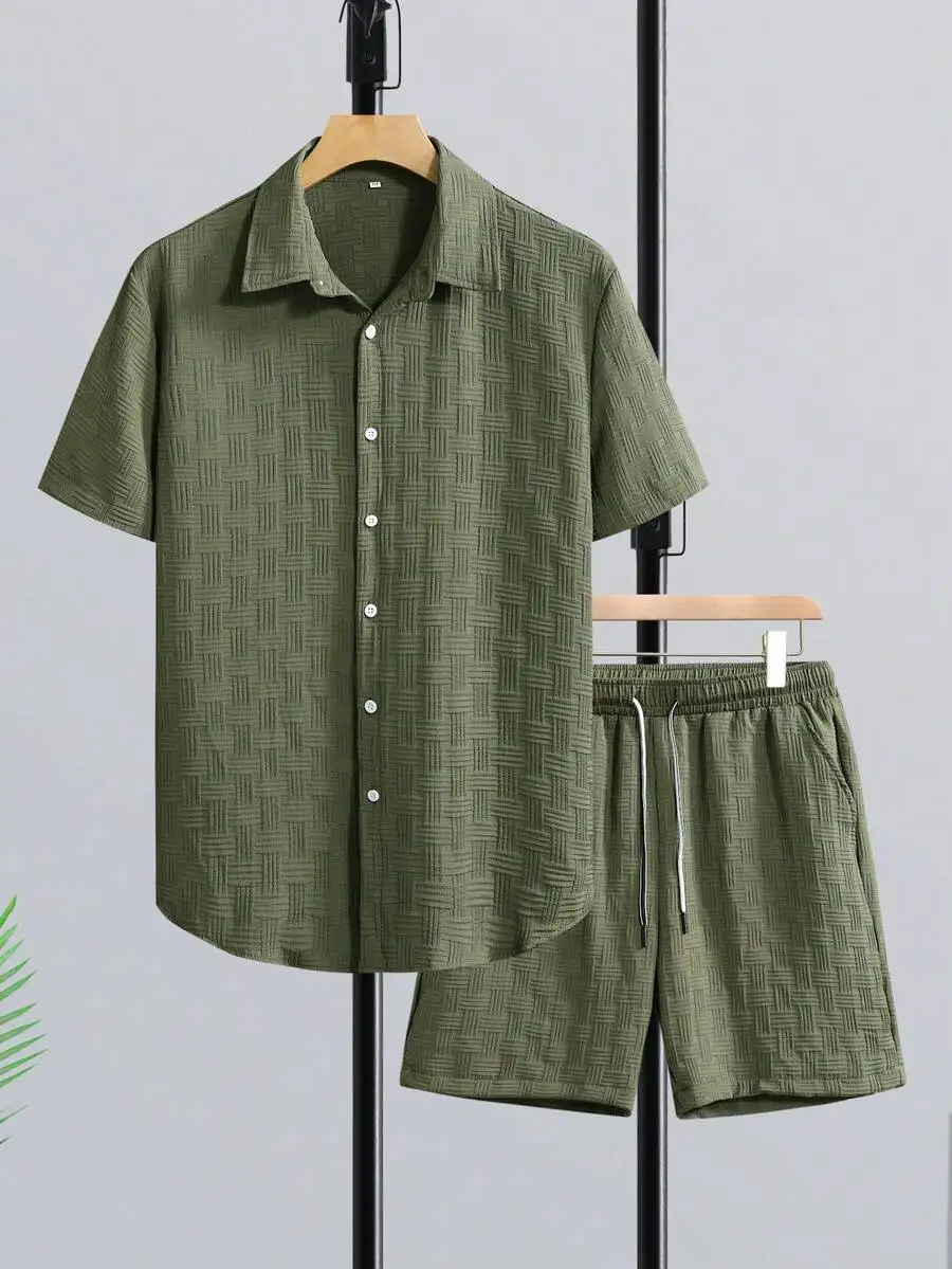 Conjunto de Camisa de Manga Corta para Hombre Manfinity RSRT, Camisa a Rayas y Pantalones Cortos con Cordón en la Cintura, Sin Camiseta, Lino
