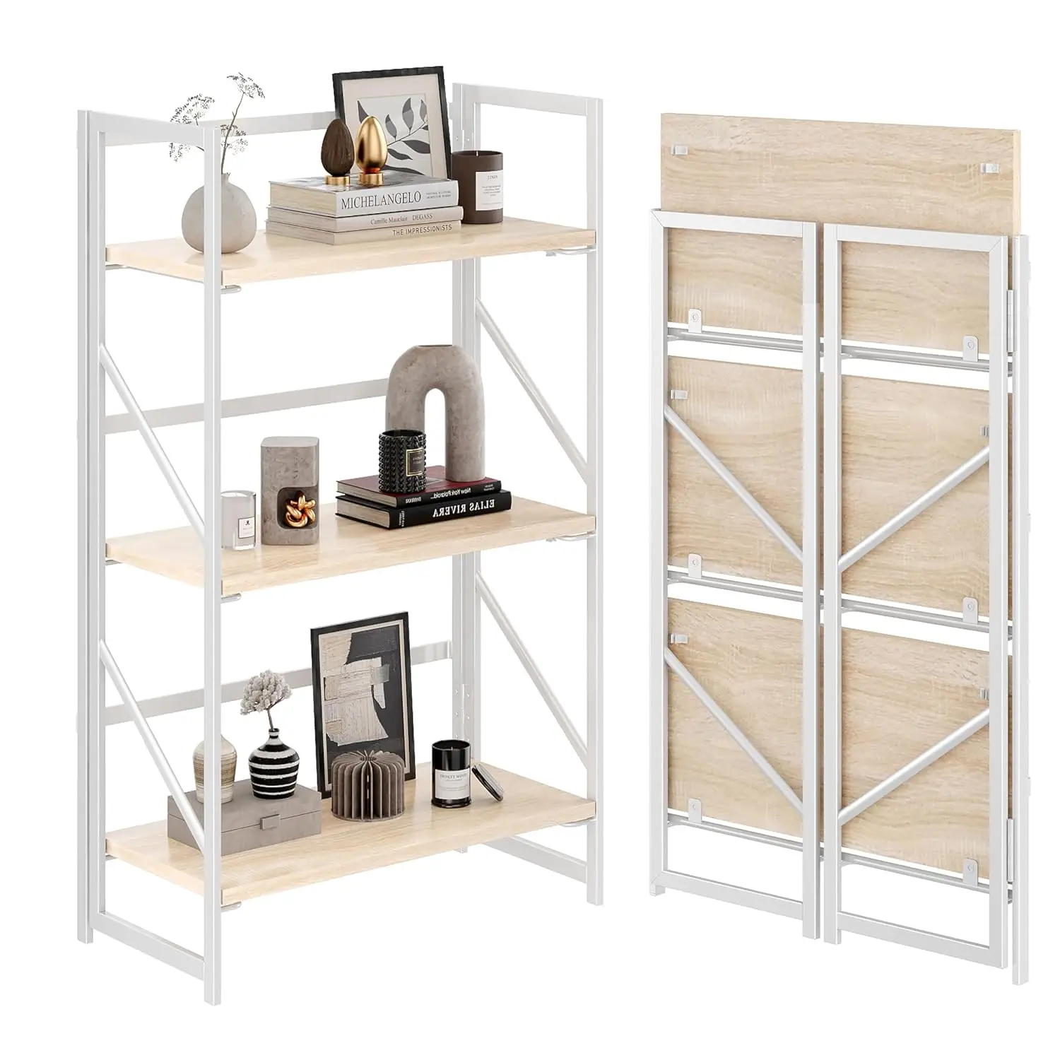 

3 Tier Folding Bookshelf Metal Wood Shelf Storage Vintage Foldable Bookcase Living Room Bedroom Office, Customized