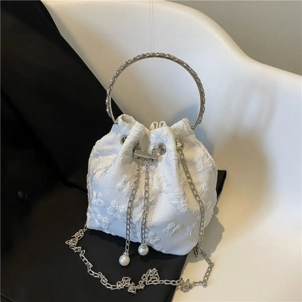 Fashion Shoulder Bags Fashion Circle Handheld Chain Drawstring Bucket Bag Pleated Floral Design Exquisite Crossbody Bag Ladies