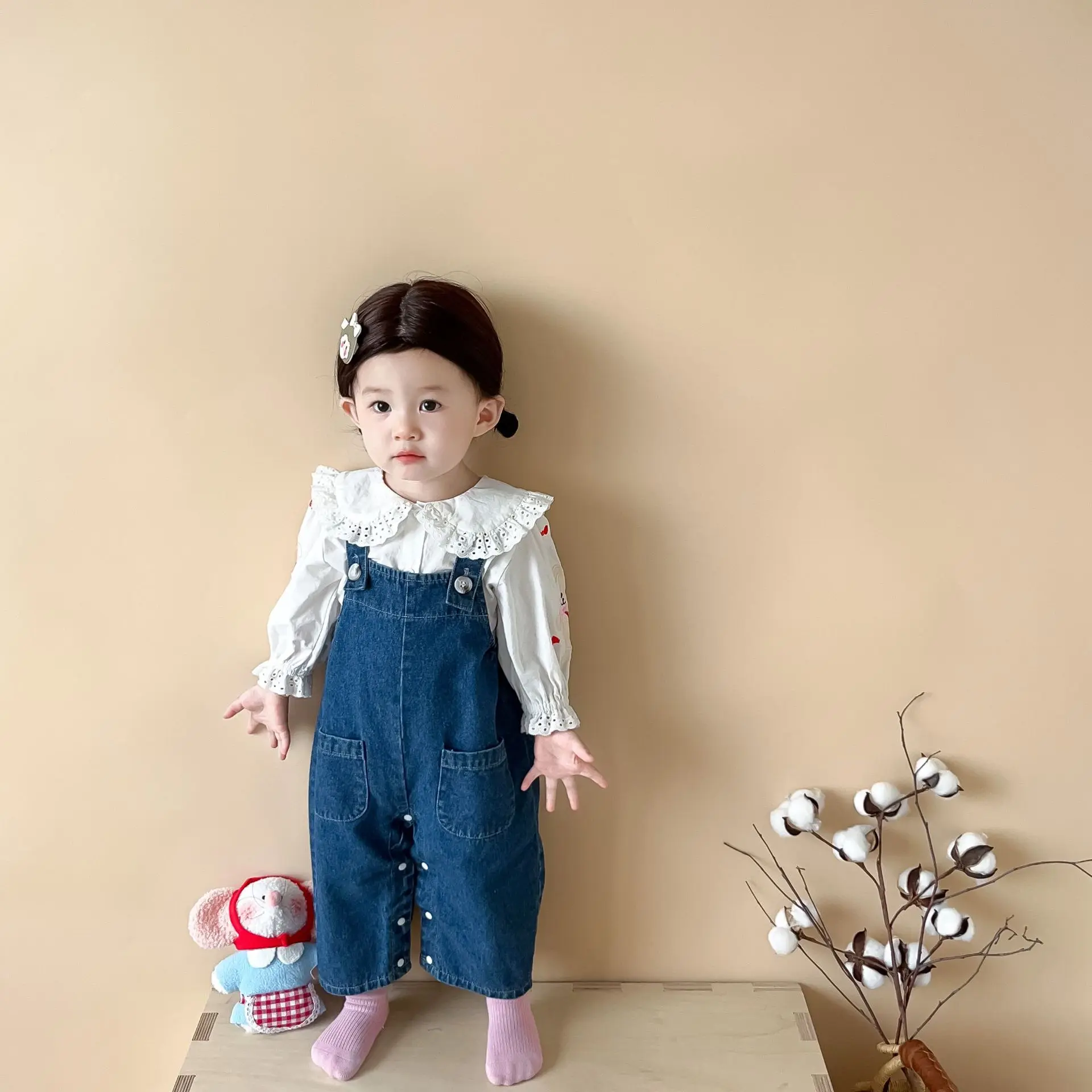 Cute Baby Girls Overalls 0-24Months Kids Bunny Ear Ball Loose Denim Jumpsuit Suspender Pants Jeans Outwear Spring Autumn Clothes