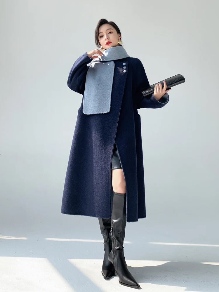 

Женское двустороннее шерстяное пальто Aksaya Ele Commuter с цветовыми блоками в корейском стиле, свободного кроя, зимняя верхняя одежда