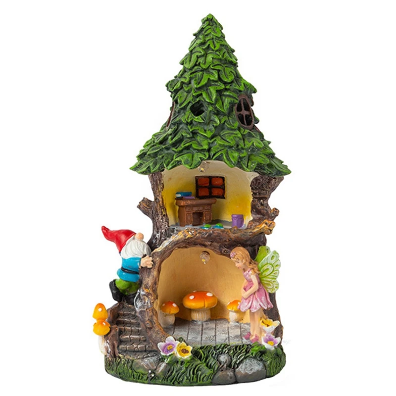 Fairy Tale House Statue, Garden Gnome House With Solar Lamp Waterproof Resin Outdoor Statue Garden Lawn Decoration