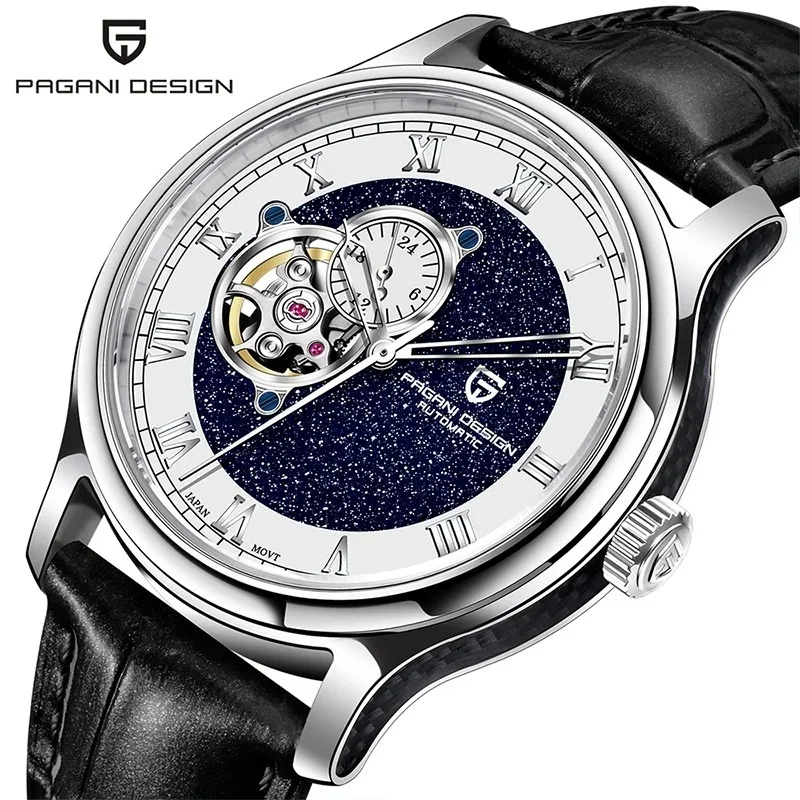 PAGANI DESIGN PD-YS015 Men Skeleton Automatic Watch Japan TMI NH39A Movement Roman Numeral Dial Leather Band Sapphire Crystal