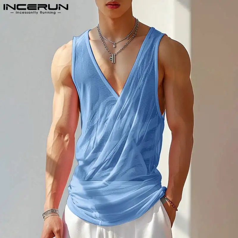 INCERUN Men Tank Tops Mesh Transparent V Neck Sleeveless Sexy Male Vests Summer Streetwear 2024 Solid Color Fashion Men Clothing