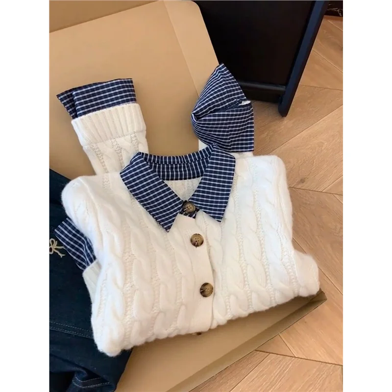 

Korean Plaid Shirt Collar Fake Two-piece Top Jacket Women's Autumn Winter Foreign Style Thickened Twist Knitted Cardigan Sweater