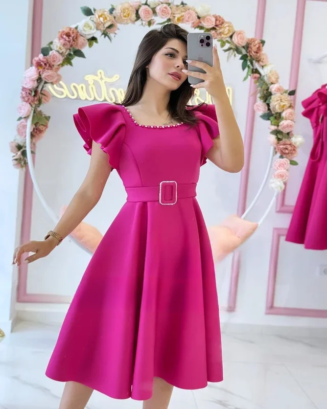 2024 New Summer Women's Maxi Fuchsia Crepe Satin Prom Dress Ruffles Sleeves Fashion Celebrity Square Neck Party Dresscustomized