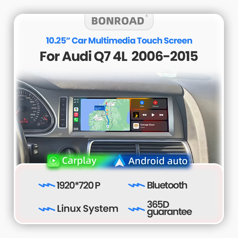 BONROAD 10.25" 1920*720P Autoradio Lecteur multimédia Écran tactile sans fil CarPlay Android Auto pour Audi Q7 4L 2006-2015 avec AirPlay Auto Link Bluetooth 5.0 Navigation GPS