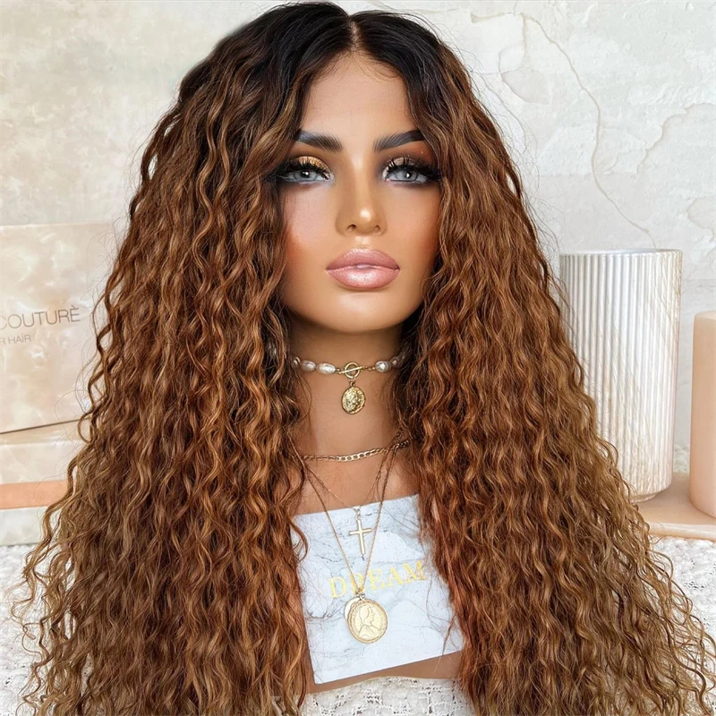 

Preplucked 26Inch Long Ombre Honey Blonde 180%Density Glueless Kinky Curly Lace Front Wig For Black Women With BabyHair Daily