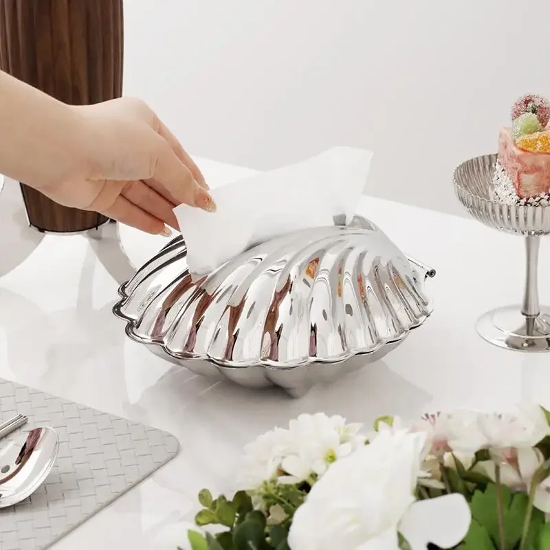 Modern Luxury Stainless Steel Tissue Boxes Exquisite Shell Shaped Napkin Box Desktop Tissue Holder Decoration Home Decors Gifts