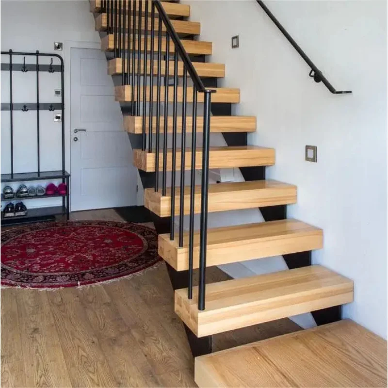 custom.Modern Indoor Floating Stairs Steel and Timber Mono Stringer with Wooden Step and Stainless Steel Balustrade