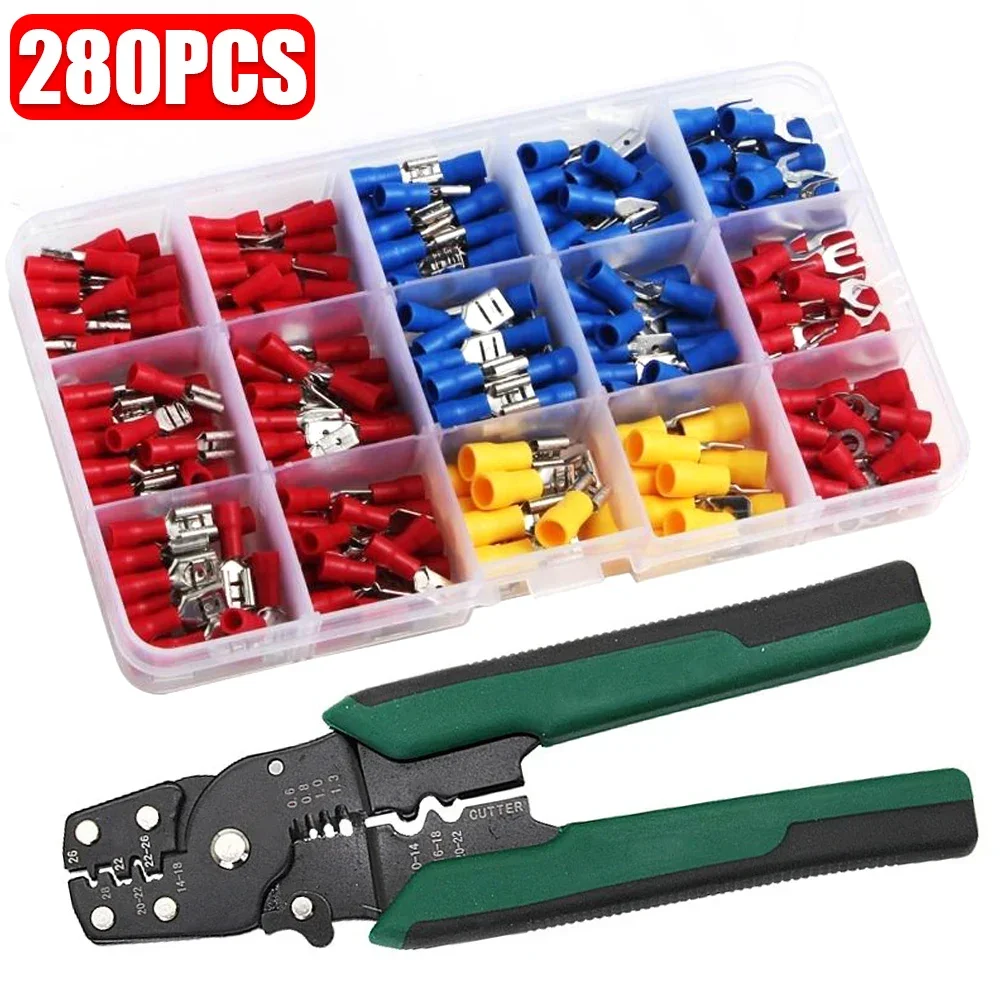140/280Pcs Insulated Cable Connectors Spade Crimp Terminal Connector Kit with Wire Stripper Copper Contact Crimp Termination