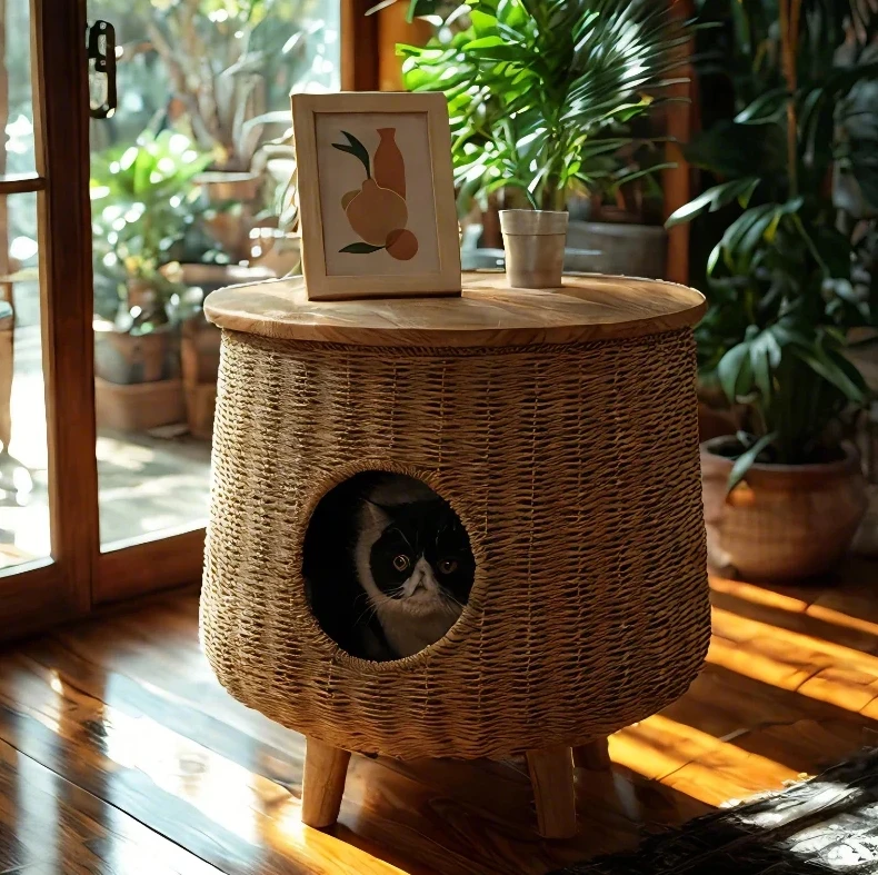 2024 New Design Wood Cat Bed Cave Universal Bedside Table Vine Woven Nest Furniture Four Seasonal Cat House with Carton Packing