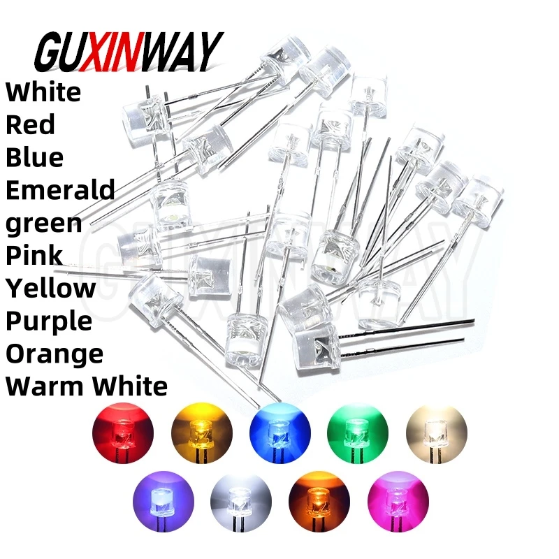 100Pcs 5mm Flat Top LED Diode 9 Colors Lights Bright Bulb Lamps Electronics Components Indicator Light Emitting Diodes
