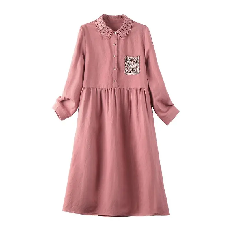 ربيع الخريف بلون بدوره إلى أسفل طوق كم طويل ميدي فستان المرأة شارع العليا القطن القنب فساتين الدانتيل زر جلد رداء