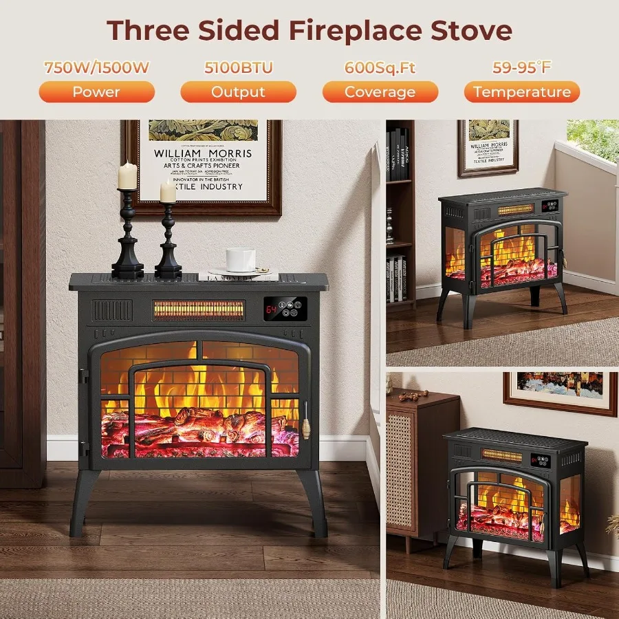 23 Electric Fireplace Stove with 3D Flame Effect and 5 Flame Colors 750/1500W Space Heater with Remote and Timer Energy Saving