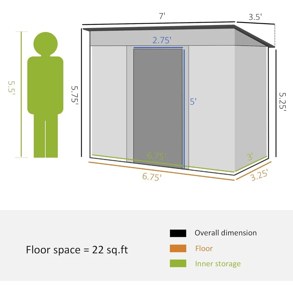 7x4 FT Metal Lean to Garden Storage Shed, Outdoor Storage Tool House with Double Sliding Doors, 2 Air Vents for Backyard