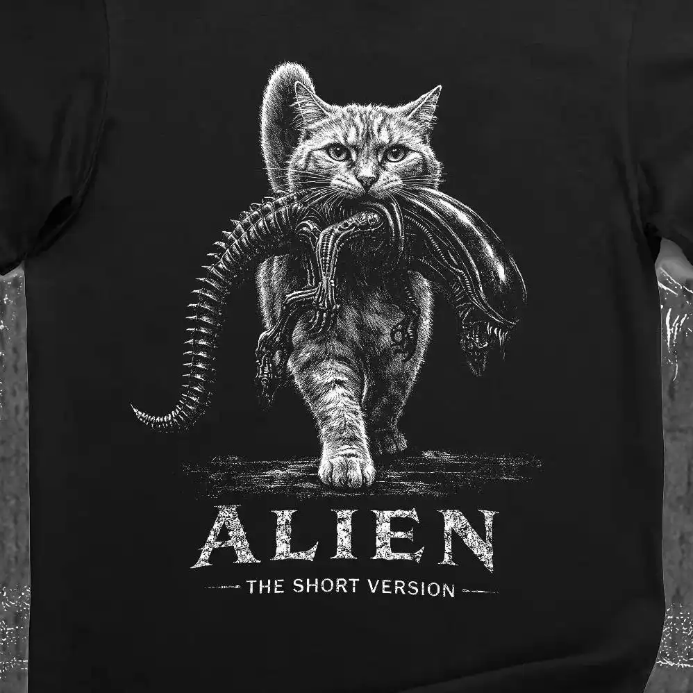 Alien The Short Version Cat Sci-Fi Horror Parody Graphic Tee Unisex Crew Neck Short Sleeve Movie Fan Casual Streetwear Tops