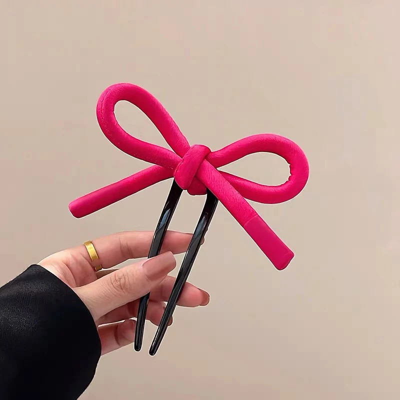 Korean Pink Big Bow Hair Sticks U-shaped Hairpin for Women Girls Ribbon Hair Clips Bow Top Clip Female Hair Accessories