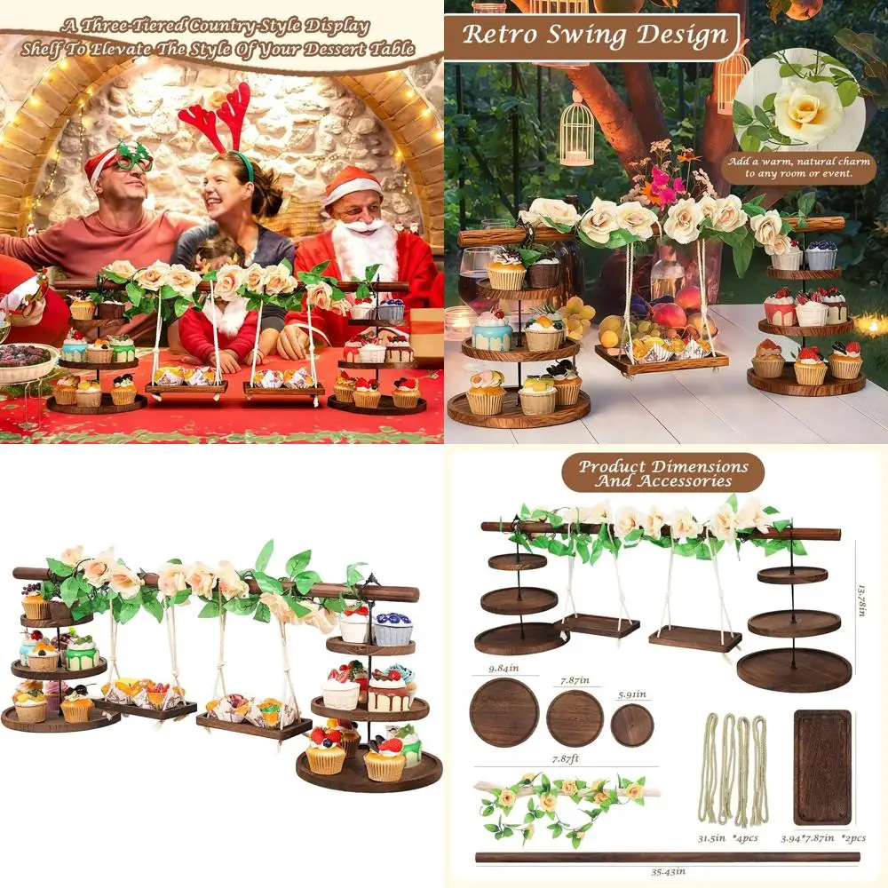 

Трехъярусная подставка для кексов в деревенском стиле с розовыми ветвями и подвесками для чаепитий, дней рождения и свадеб