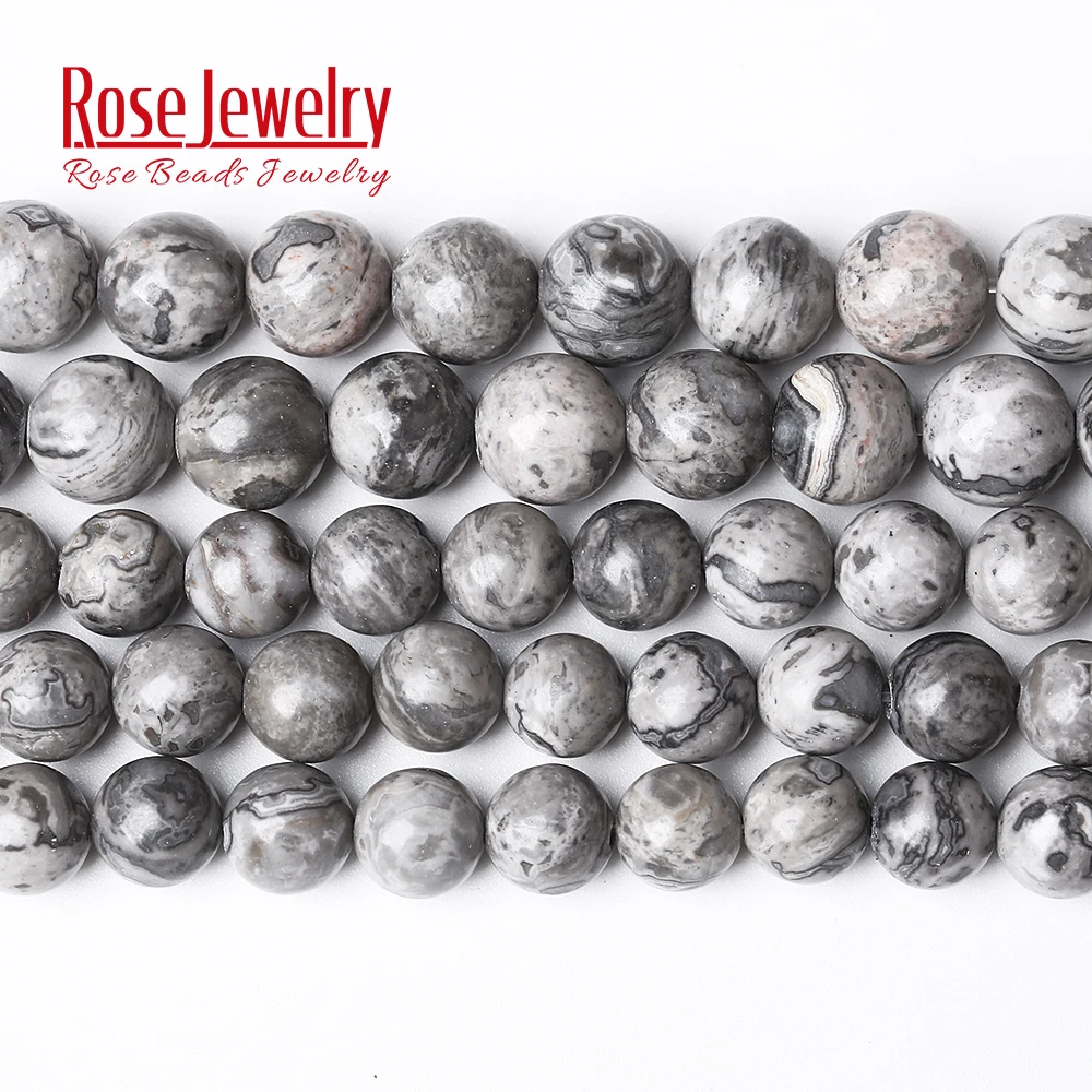 Factory Price Natural Stone Gray Picasso Map Jaspers Round Beads 16\