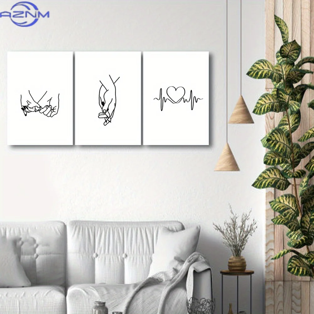 3pcs Minimalist Love & Connection Line Art Canvas Prints - Romantic Hand-Holding & Heartbeat Illustrations, Modern Black & White