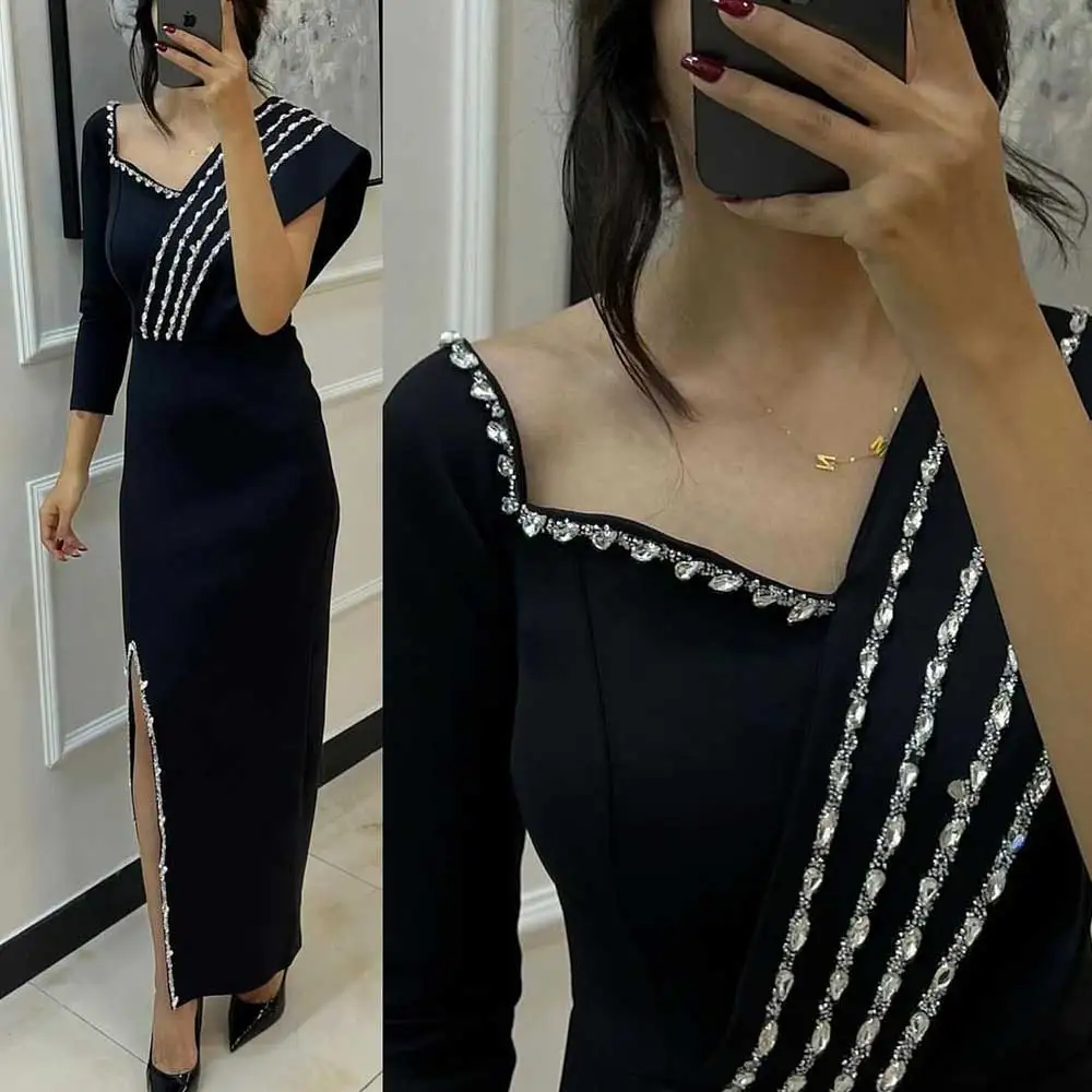 

Sexy Elegant Party Dress Jersey Sheath With Crystal Side Slit Prom Gown Women's Gorgeous Ankle-Length Evening Dresses