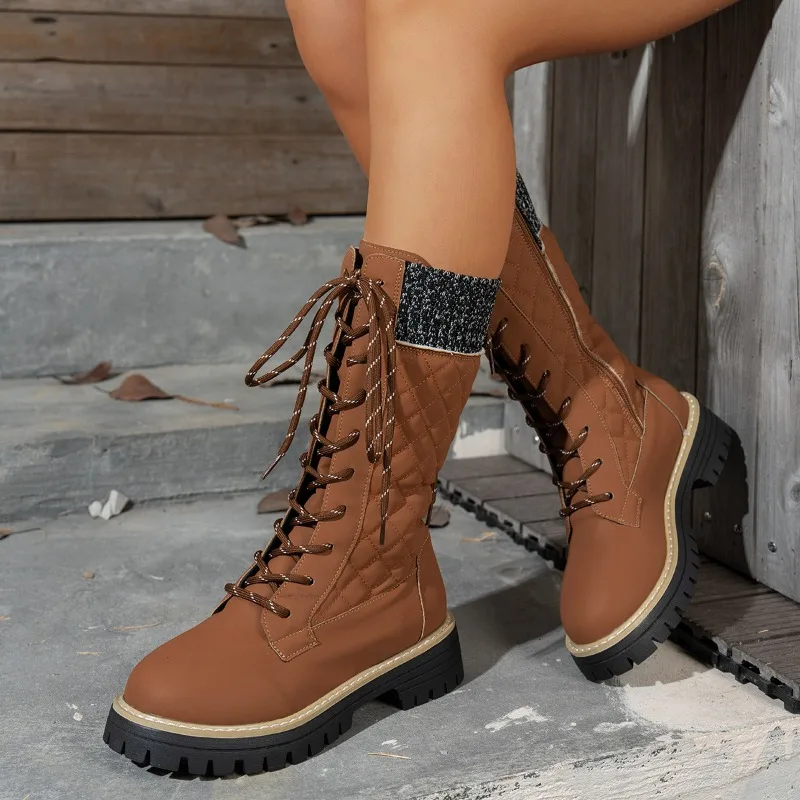 2026 New Lace Up Design Comfortable Women's Mid Calf Boots Fashion Trend Round Toe Side Zip Casual Thick Soled Women Shoes