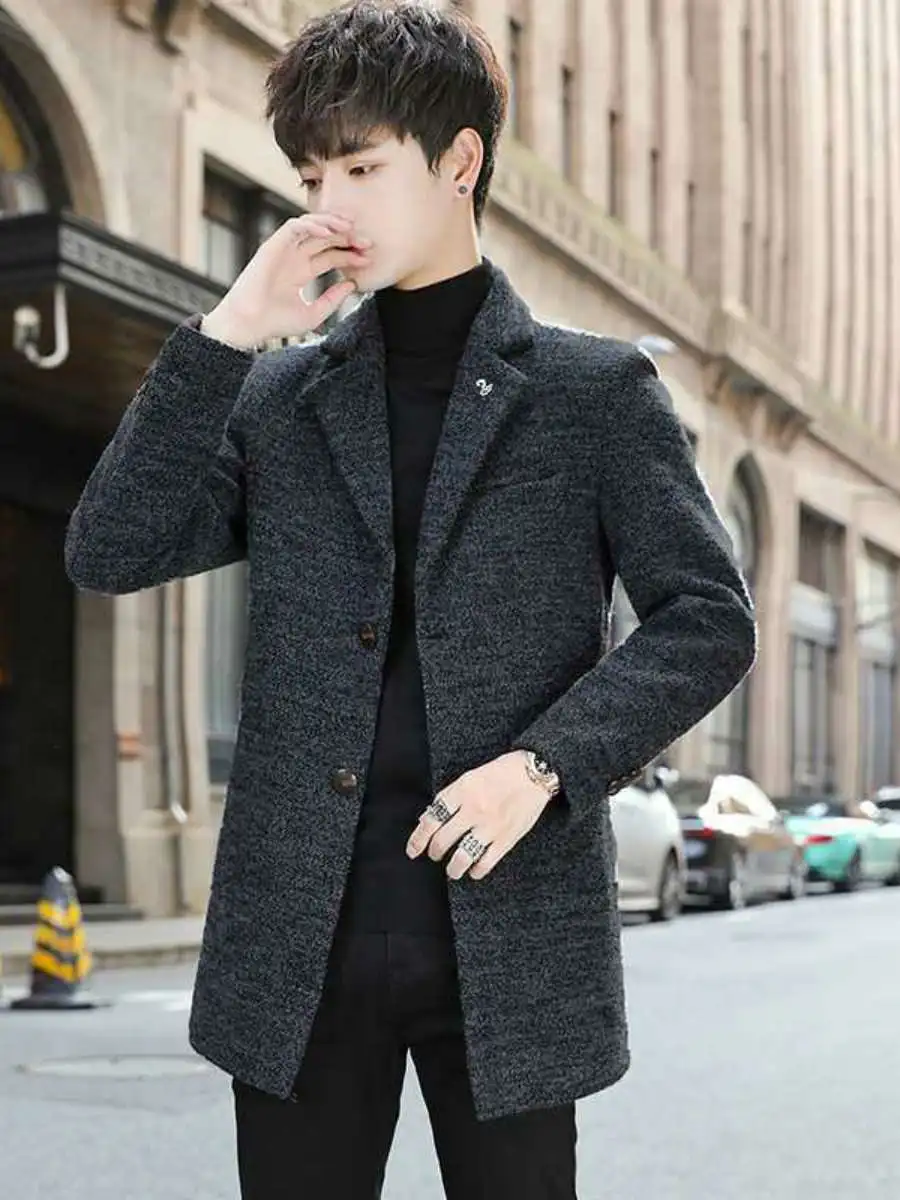 Mantel Wol Pria Trendy, Hangat, Panjang, Jaket Musim Dingin, Pakaian Luar Musim Gugur Musim Dingin, Jaket Angin Modis Pria